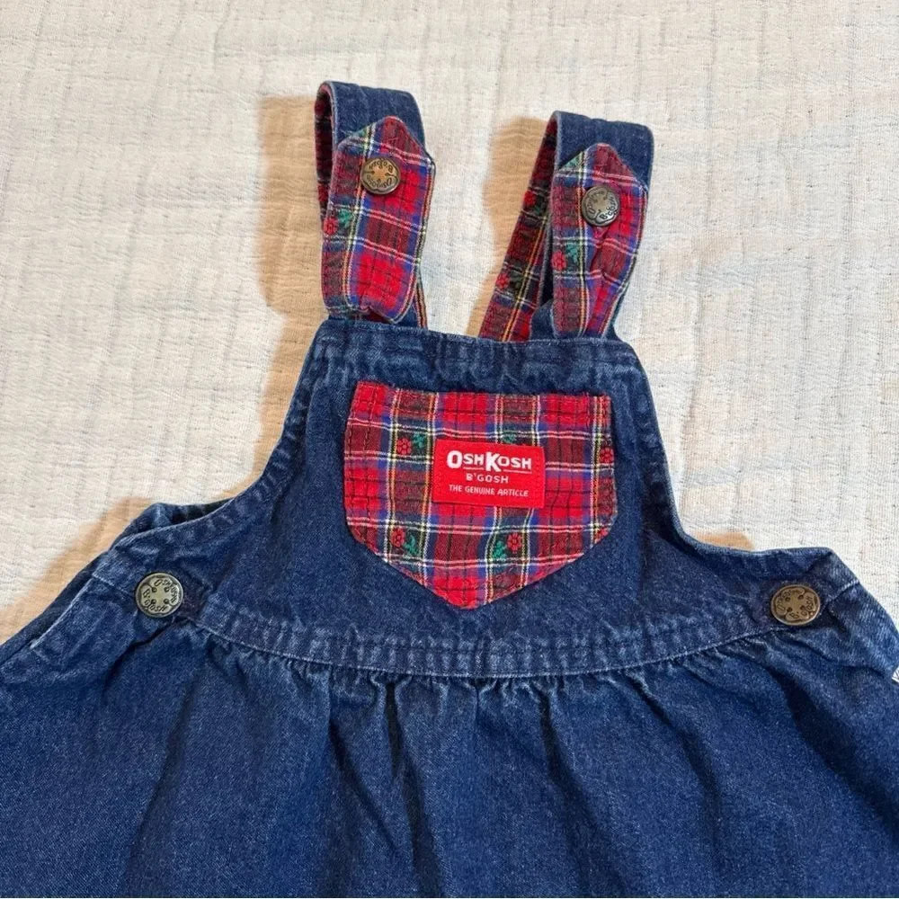 Vintage OshKosh B’Gosh Girl’s Blue Denim Dress Red Check Bow Sz 3T USA